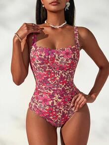 SHEIN Swim 女款花卉印花一件式泳衣，適合海灘度假、泳池派對、海灘派對 - 玫紅色 - 查看 2