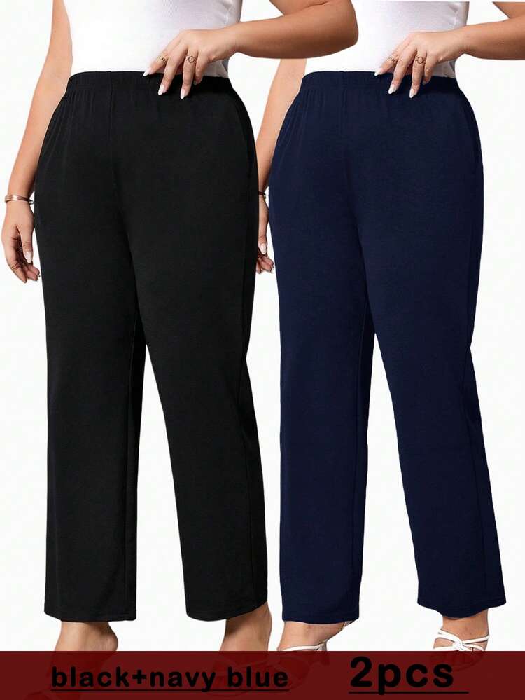 2pcs/Set Plus Size Women's Black Autumn Smart Casual Everyday Pants,Summer Vacation Basic Navy Blue 2 Piece Set With Pockets,Elegant Commuting Outfits