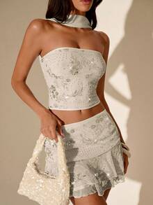 SHEIN Glamour 米色露肩无袖两件套，高端优雅套装，派对套装，演唱会服装，夜店服装，约会服装，花卉时尚，亮片套装，女士夏季套装，派对套装，婚礼宾客套装，浪漫两件套，时尚套装，闪亮套装，珠光套装，抹胸套装 - 米色 - 查看 8