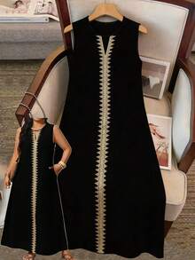 EMERY ROSE Plus Size Women Woven Tape Splice Loose Sleeveless Dress - Black - View 1