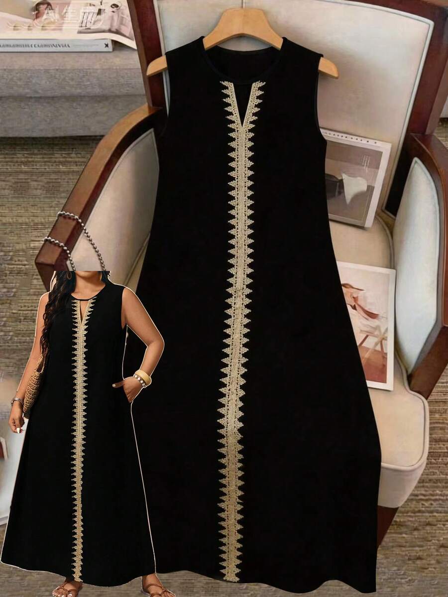 EMERY ROSE Plus Size Women Woven Tape Splice Loose Sleeveless Dress - Black - View 1