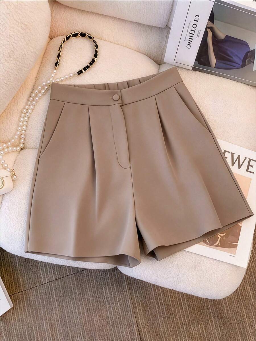 Elenzga Shorts femininos plus size elegantes, casuais, versáteis e confortáveis, ideais para primavera, verão e outono. - Castanho - Ver 1