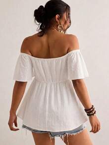 SHEIN VCAY Áo thun nữ cỡ lớn kiểu dáng bohemian, trễ vai, có dây rút, nhiều màu sắc, thích hợp cho đi biển, Ngày của Mẹ, kỳ nghỉ, áo mùa hè. - trắng - Xem 2