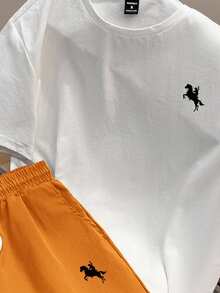 Manfinity Joysei Men's Standard Size White T-Shirt And Orange Shorts Set, Holiday - Multicolor - View 2
