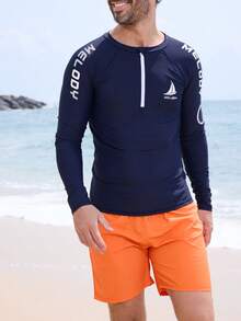 DAZY Men's Letter Print Half-Zip Rash Guard Long Sleeve Swimwear - Multicolor - View 4