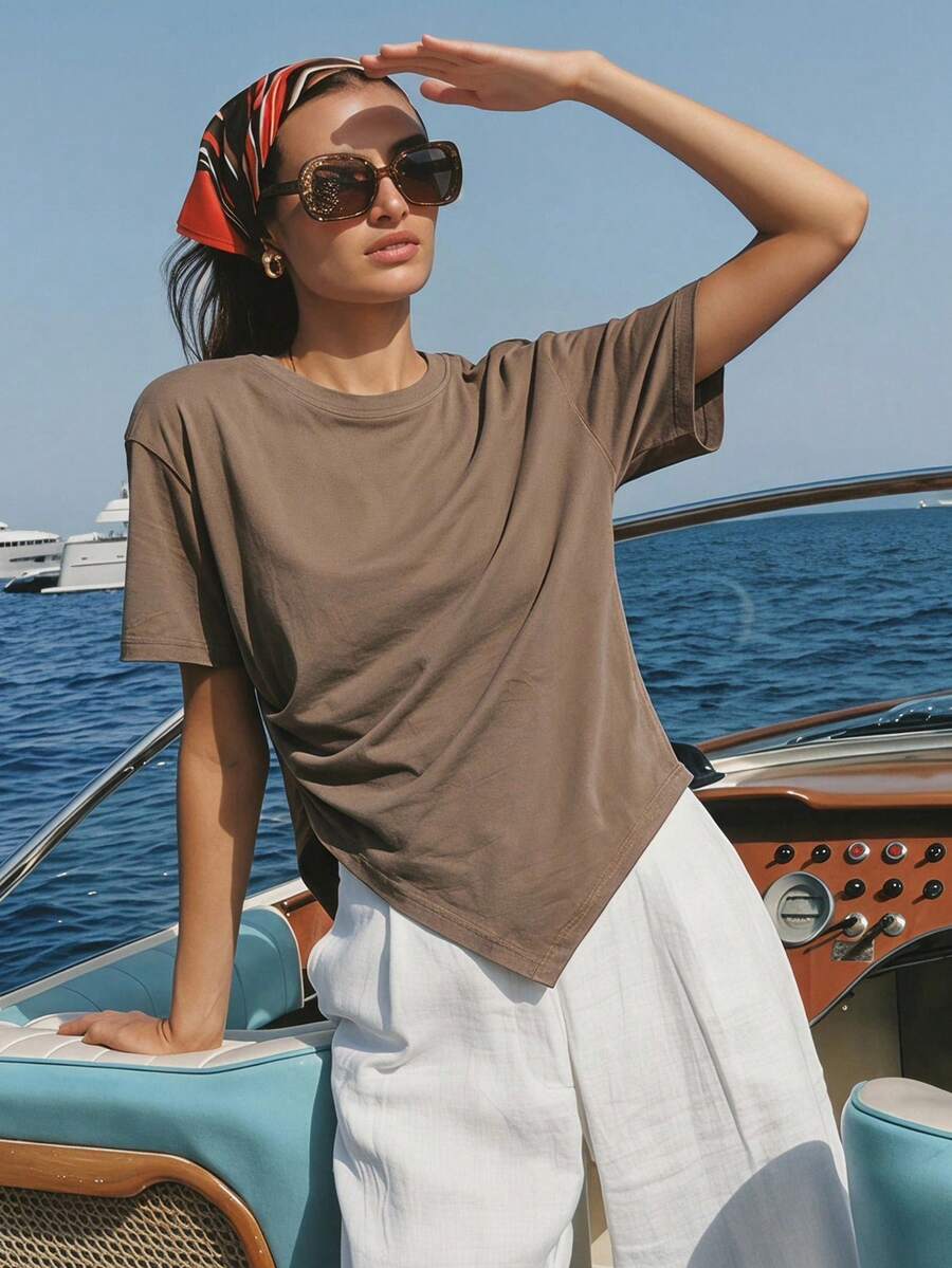 Dazy-Less Camiseta lisa com bainha dividida, roupa de trabalho casual para mulheres - Camelo - Ver 1