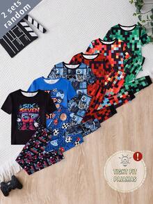 [2 Sets Random] 1 Set Tween Boy Snug Fit Pajamas Round Neck Short Sleeve & Long Pants Multicolor Checkered Cartoon Game Soccer Soft Knit Spring - Multicolor - View 8