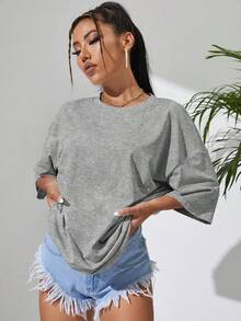 Sundraya Loose-Fitting, Drop-Shoulder, Solid Color T-Shirt - Light Gray 2 - View 4