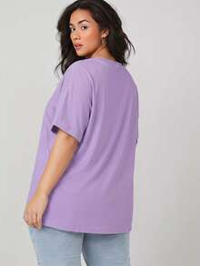 SHEIN BASICS 大码女式纯色圆领短袖休闲宽松T恤 - 紫色 - 查看 2
