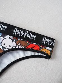 HARRY POTTER X SHEIN Celana Dalam Thong Kasual Wanita dengan Pita Huruf di Pinggang - Hitam - View 5