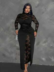 Maweii Plus Size Women Elegant Lace Patchwork Twist Front Solid Knit Long Sleeve Dress Maxi Women Outfit Fall Cloth For Women - Black - View 1