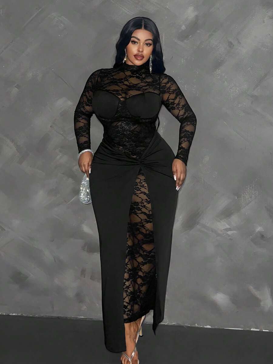 Maweii Plus Size Women Elegant Lace Patchwork Twist Front Solid Knit Long Sleeve Dress Maxi Women Outfit Fall Cloth For Women - Black - View 1
