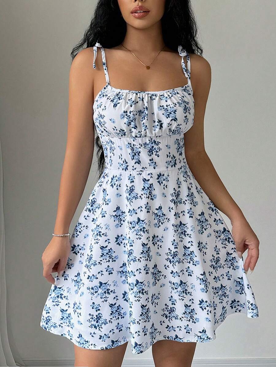 SHEIN Raffinéa Ladies' Spaghetti Strap Tie-Back Floral Print Pleated Cami Dress Mini Short Women Outfit - Blue and White - View 1