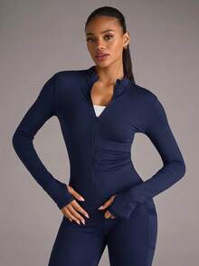 SHEIN BAE Women's Solid Color Minimalist Casual Long Sleeve Sports Jacket - Navy Blue - View 6