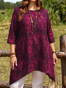 EMERY ROSE Plus Size Floral Print Casual Shirt With Pockets, Round Neck,Summer Vacation, Autumn,Fall - Red Violet - View 5