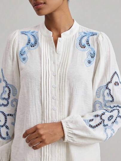 Lilora Women's Open Shoulder Long Sleeve Hollow Out Embroidered Elegant Loose Blouse For Summer Tea Party White And Blue