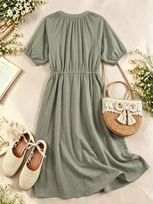 Rusticease Drawstring Sage Green Fall Elegant Birthday Vacation Dress Summer Outfits Cotton100 Women's Casual Long Holiday Everyday Travel - Green - View 2