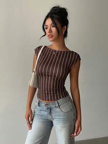 Aloruh Casual Minimalist Nautical Style Vacation Vibe Brown Base Color Rope Texture Striped Allover Print Women Short Sleeve T-Shirt Sexy Backless Top, Suitable For Spring/Summer - Multicolor - View 2