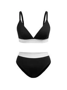 SHEIN 大码女士撞色休闲舒适内衣套装 - 黑與白 - 查看 11