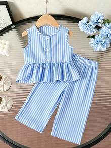 SHEIN Elladie kids Bộ 2 món cho bé gái: Áo sát nách kẻ sọc viền bèo + Quần ống rộng suông, phù hợp mặc thường ngày, đi biển, ở nhà, đi công viên, dã ngoại, đi học mùa hè - Màu xanh lam - Xem 3