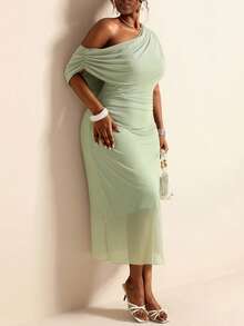Elaquor Robe tricotée grande taille printemps/été, nouvelle, élégante, à épaule asymétrique, manches courtes, taille plissée, décontractée et polyvalente pour le port quotidien - Vert - Voir 5