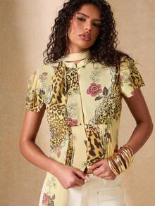 SHEIN BAE Women's Leopard Floral Print Patchwork Fashion Tropical Top Vacation Yellow Summer - Multicolor - View 1