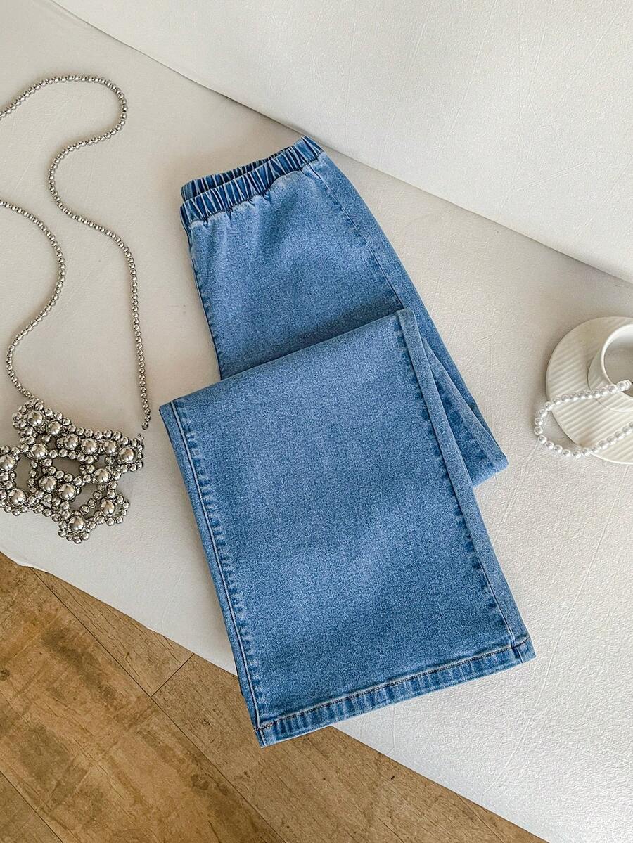 Mori Grove Mori Grove Women's Solid Color Elastic Waist Straight Loose Casual Wide Leg Jeans Travel Light Blue Summer - Blue - View 1