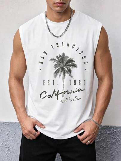 Sorvial White Label Men's Casual Coconut Tree Print Tank Top, Suitable For Summer Outdoor