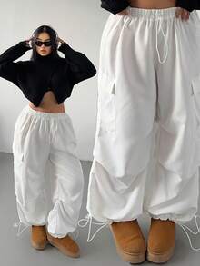 POPSWAY Plus Size Women's Solid Color Drawstring Waist Wide Leg Casual Cargo Pants Fall Cloth For Women - White - View 8