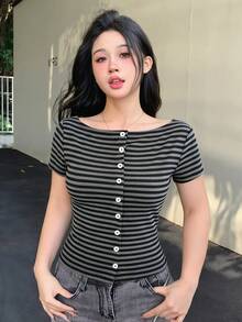 Livesso 春夏時尚薄條紋拼接灰色修身短版開襟外套 情人節婚禮休閒度假海灘風短袖女款T恤 - 深灰色 - 查看 4