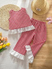 Emery Rose Kids Emery Rose Kids 2pcs Young Girl Woven Contrast Color Plaid Ruffle Trim Casual Vest And Pants Set - Red - View 9