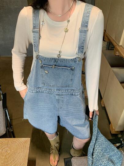 Dazy Plus Nuevos shorts de peto vaqueros de unicolor vintage de estilo casual de vacaciones para mujer, talla grande, primavera/verano