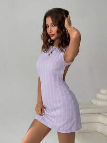 SHEIN EZwear 女士时尚百搭条纹露背性感连衣裙 - 紫丁香色 - 查看 6