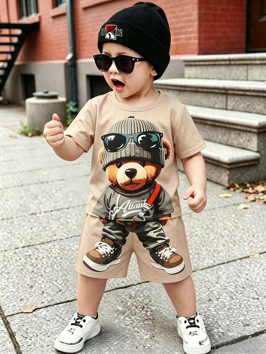 SHEIN Cartoon Print Crew Neck Short Sleeve T-Shirt And Shorts Set, Suitable For Summer - Camel - View 1