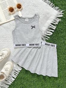 SHEIN Babygirl Cute Summer Casual Gray Bow Patchwork Letter Knit Camisole & Elastic Waist Skirt Set - Multicolor - View 6
