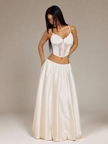 SHEIN PETITE Chân váy chữ A đơn giản xếp ly bằng vải satin màu be dành cho nữ. - Màu be - Xem 3