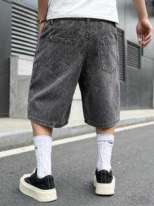 GENIUS ODE 男士休闲口袋纽扣牛仔短裤，日常百搭 - 灰色 - 查看 2