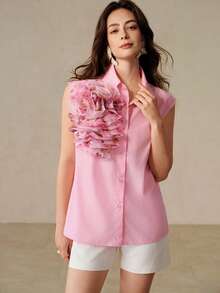 BELROSIE Romantic Elegant Pink & Multi-Color Floral Rose Print Organza Layered Sleeveless Collared Blouse Top, Versatile For Work, Casual, Party, Holiday - Pink - View 3