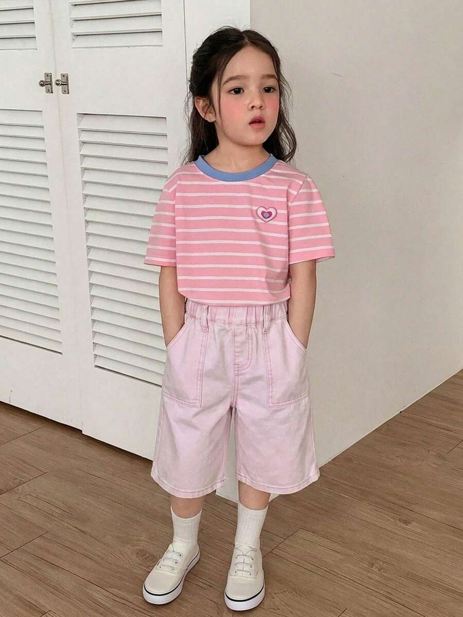 DAZY 女童彈性腰 3/4 長度牛仔短褲 夏季款 - 粉色 - 查看 1