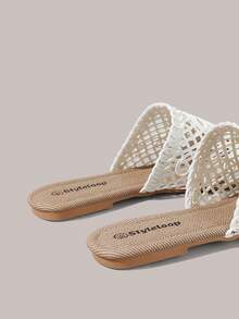 Styleloop Giày bệt nữ mũi tròn đế bằng màu trắng dệt hở gót, giày bít mũi kiểu mule, sandal phong cách boho, phù hợp đi chơi, đi nghỉ mát, hẹn hò hàng ngày, đi biển, du lịch, phong cách thường ngày, giày bệt nữ. - trắng - Xem 7