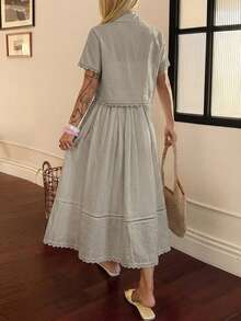 DAZY Spring/Summer Women's Elegant Lace Patchwork Pocket Shirt And Skirt 2 Pieces Set - Grey - View 4