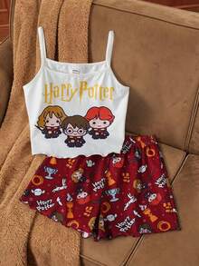 HARRY POTTER X SHEIN Bộ đồ ngủ gồm áo hai dây và quần short in hình hoạt hình dành cho bé gái tuổi teen. - Đỏ - Xem 1