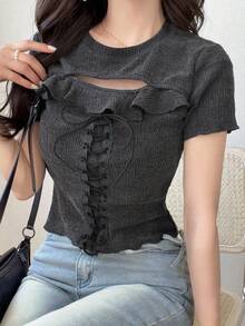 DAZY 女款純色荷葉邊前綁帶短袖休閒街頭風 Y2K 性感 T-shirt 夏季夜店穿搭 深灰色 - 灰色 - 查看 1
