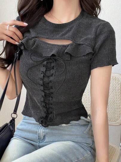 DAZY 女款純色荷葉邊前綁帶短袖休閒街頭風 Y2K 性感 T-shirt 夏季夜店穿搭 深灰色
