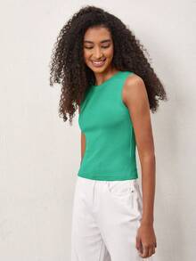 SHEIN BASICS 女士纯色罗纹圆领休闲吊带衫 - 綠色 - 查看 6