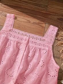 Rusticease Plus Size Women's Spring/Summer Casual Vacation Lace Patchwork Spaghetti Strap Open Back Embroidered Pink  Blouse - Pink - View 4