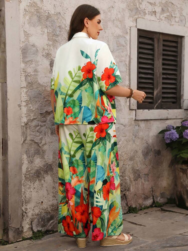 Plus Size Women Floral Print Single-Breasted Shirt And Pants Casual 2 Pieces Set Beach Outfit For Women  Summer Outfits For Women