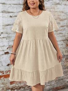 SHEIN LUNE Plus Size Solid Color Round Neck Embroidered Casual Short Sleeve Dress, Summer - Apricot - View 4