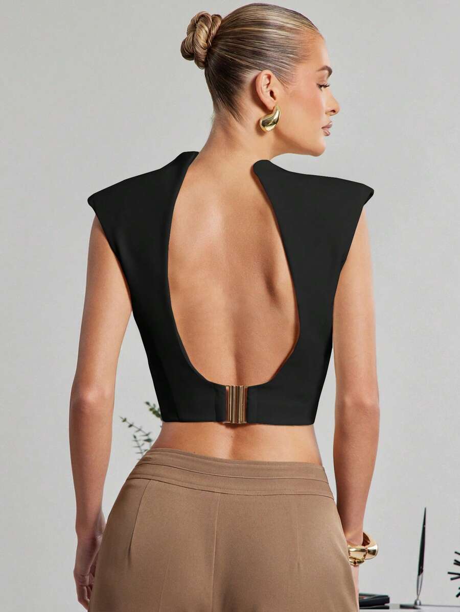 Hauture Women's Old Money Business Office Stand Collar Backless Sleeveless Top Gold Metal Closure - Black - View 1