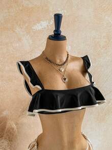 Soleia Contrast Color Trim Square Neck Ruffle Trim Bikini Set - Black - View 6